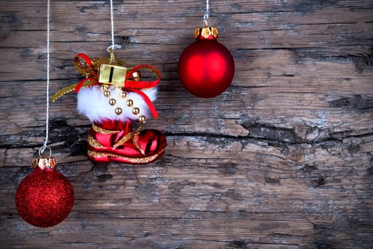 Santa Claus Winter Background with Christmas Balls on Wood