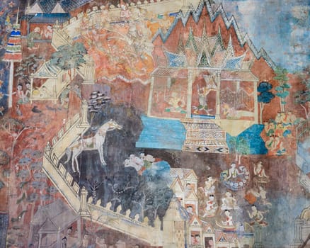 Ancient Thai mural painting of the Life of Buddha inside of Buddhist temple, Thailand