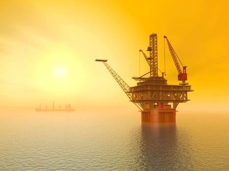 Computer-generated 3D illustration with a drilling rig at sunset