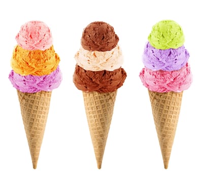 Three Ice cream with cone on white background with clipping path.