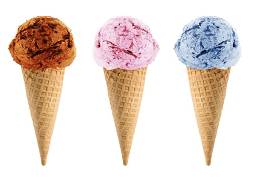 Blackberry, strawberry and chocolate Ice cream in the cone on white background with clipping path.