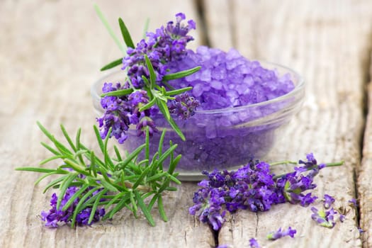 bath salt, lavender flowers and rosemary