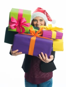 Christmas girl holds gifts
