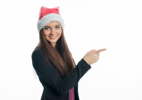 Christmas woman points to something