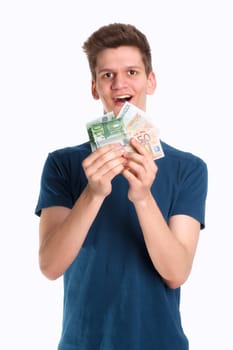 Teenager holds many banknotes