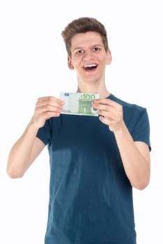 Young man holds a 100 Euro note