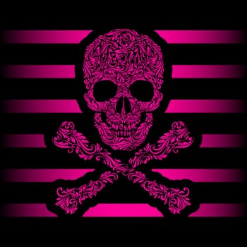 Floral pattern of form pink skull and crossbones. Pink stripes. Emo