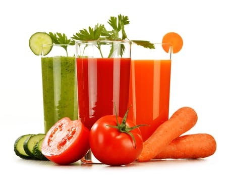 Glasses with fresh vegetable juices isolated on white. Detox diet.