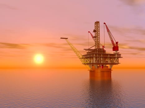 Computer-generated 3D illustration with a drilling rig at sunset