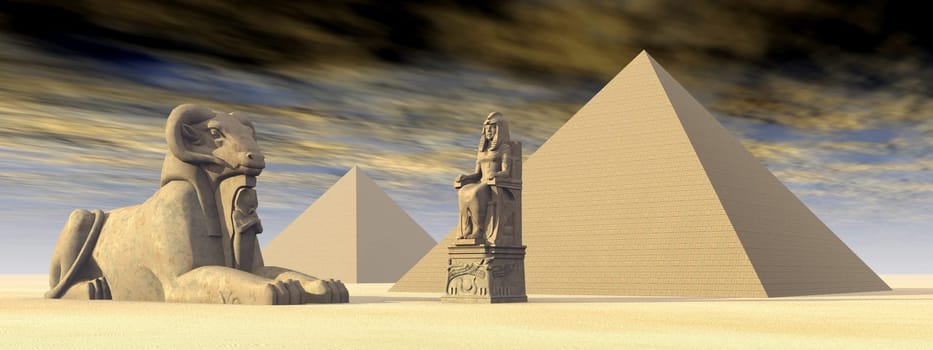 Computer-generated 3D illustration with Egyptian pyramids and statues