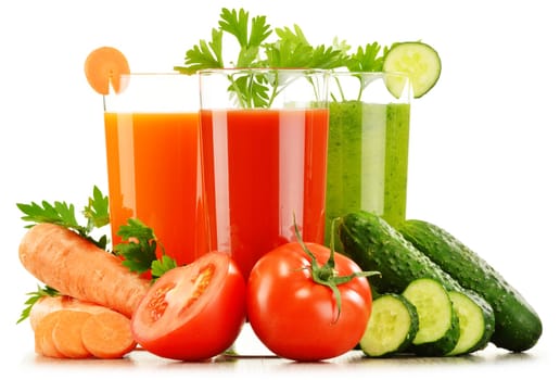 Glasses with fresh vegetable juices isolated on white. Detox diet.