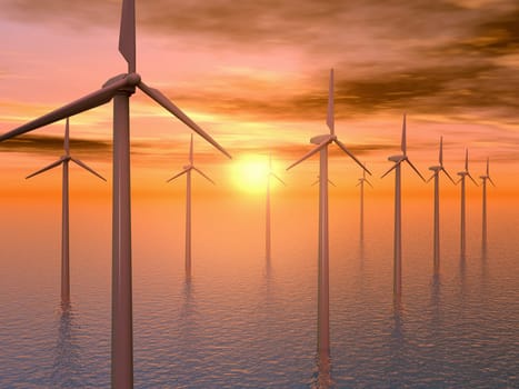 Computer-generated 3D illustration with a wind turbine in the sea at sunset