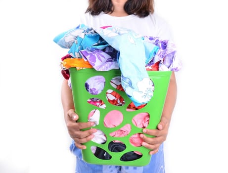 women hold unwashed cloth in the basket on white background