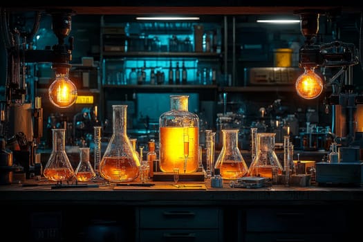 Brightly illuminated laboratory filled with various glass containers and vibrant liquids, creating a captivating atmosphere.
