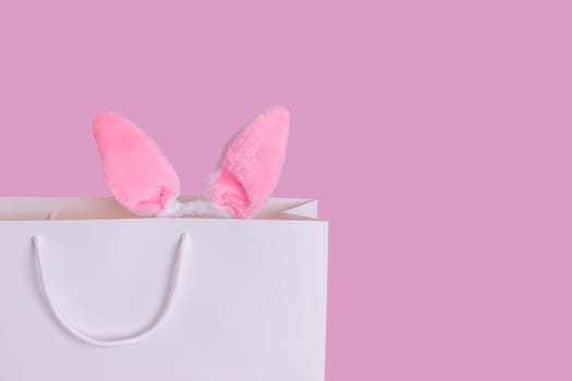 Close up of funny pink ears of the Easter bunny stick out of a white paper gift bag standing on a pink background. Copy space. Happy Easter concept