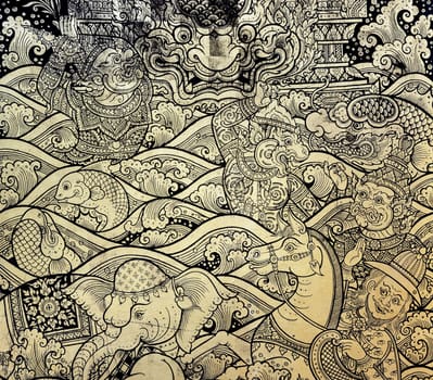 Ancient Thai gold leaf painting art
