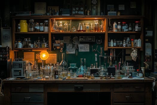 A workbench is filled with glass instruments, chemical bottles, and notes, illuminated softly by warm light in a rustic lab setting.