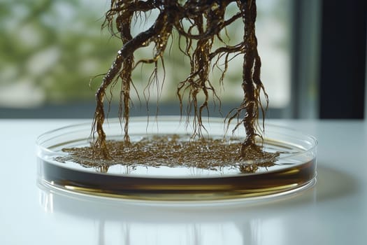 A unique demonstration of roots submerged in a liquid medium, highlighting scientific exploration in a laboratory setting.