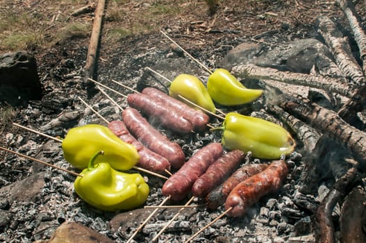 Raw sausages and peppers preparing on hot fireplace wood embers during picnic in forest meadow