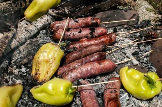 Raw sausages and peppers preparing on hot fireplace wood embers during picnic in forest meadow