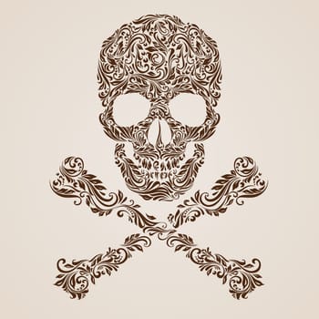 Floral gold  pattern of form skull with crossbones on the beige background