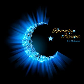 Glowing ornate Moon Crescent and a star in brilliant light blue shades. Greeting card of holy Muslim month Ramadan