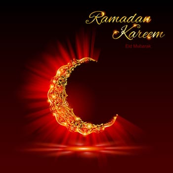 Glowing ornate crescent with bright flare and radiance in dark red and golden shades. Greeting card of holy Muslim month Ramadan