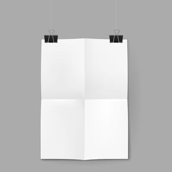 White paper sheet on neutral background hanging on clips