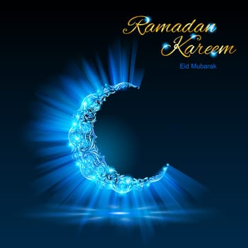 Glowing ornate crescent with bright flare and radiance in blue-green shades. Greeting card of holy Muslim month Ramadan