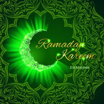 Glowing ornate crescent with bright flare and radiance in vibrant shades. Greeting card of holy Muslim month Ramadan