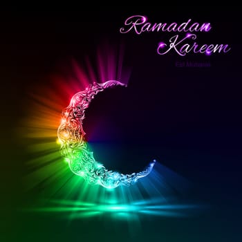 Glowing Moon Crescent with bright flare and radiance in spectral colors . Greeting card of holy Muslim month Ramadan