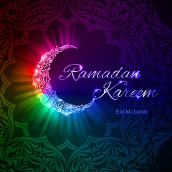 Glowing ornate crescent with bright lights in rainbow shades. Greeting card of holy Muslim month Ramadan