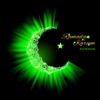 Glowing ornate Crescent Moon and a star in bright green. Greeting card of holy Muslim month Ramadan