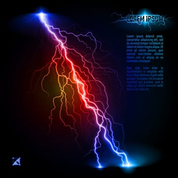 Blue and red oblique branchy lightning line. Illustration with space for text