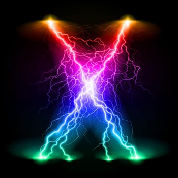 Criss-cross lines of branchy bright colourful lightning.
