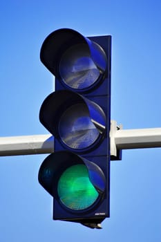 Traffic lights over blue sky