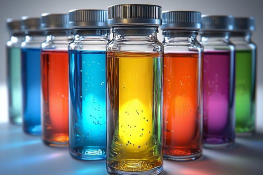 Vials containing bright and colorful liquids are neatly arranged, showcasing a spectrum of hues and intriguing bubbles inside.