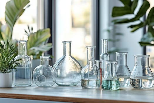 Glass laboratory equipment displayed on a table, featuring various flasks and beakers filled with liquids in a bright space.