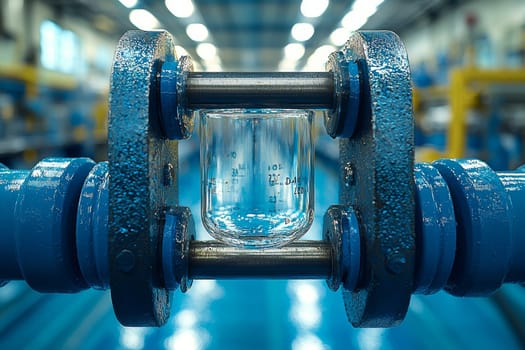 Close-up of a glass container secured between metal clamps in a vibrant manufacturing facility, highlighting safety and precision.