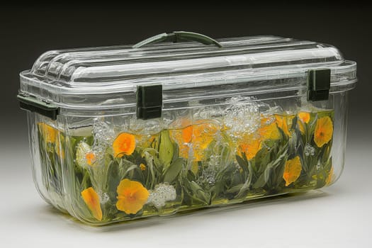 Preserved flowers in vibrant colors are arranged in a transparent container, creating a unique and eye-catching display with bubbles.