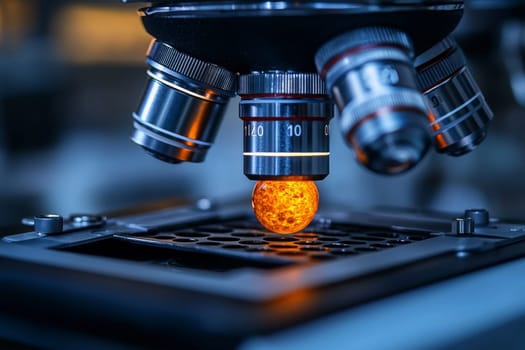 A glowing cell is examined under a microscope in a laboratory setting, showcasing intricate details and scientific exploration.