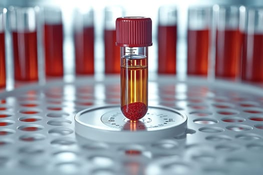 A blood sample in a test tube sits amid other red-filled tubes, suggesting a lab setting.