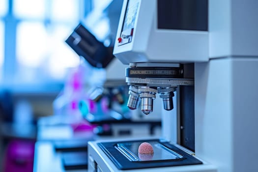 Laboratory setup features high-tech equipment closely examining a small sample, highlighting precision in scientific research.