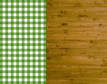 Traditional background - wood with green and white tablecloth