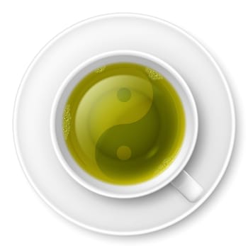 Cup of green tea with traditional Chinese Yin-Yang symbol