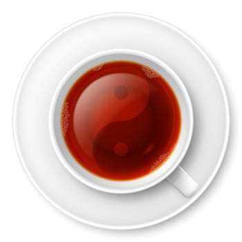 Cup of black tea with traditional Chinese Yin-Yang symbol