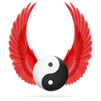 Traditional Chinese Yin-Yang symbol with raised up red wings