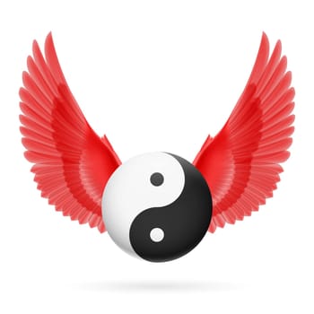 Traditional Chinese Yin-Yang symbol with red wings