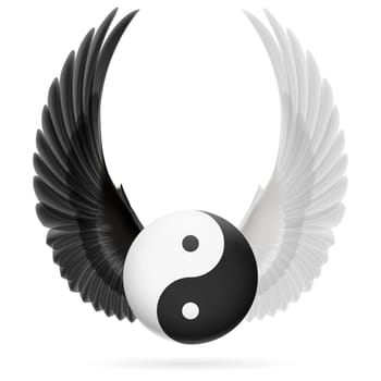 Traditional Chinese Yin-Yang symbol with raised up black and white wings