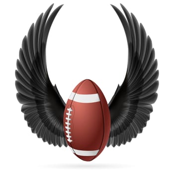 Realistic ball for American football with raised up black wings emblem
